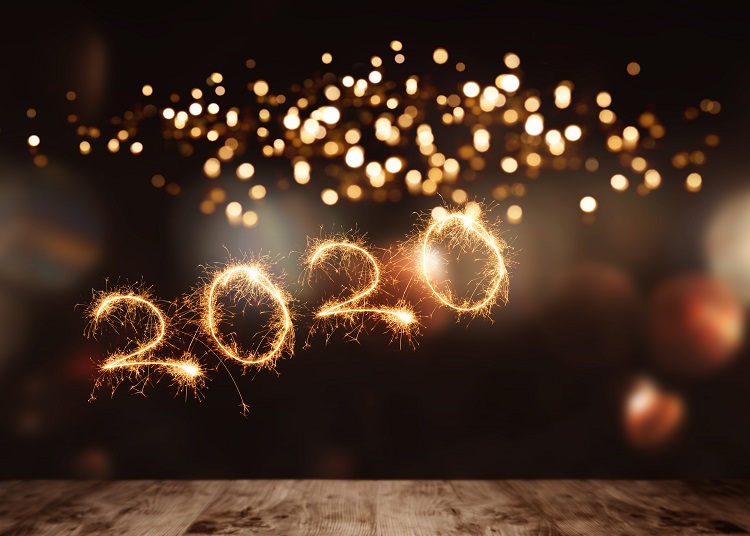 Happy new year 2020 background with empty wooden stage