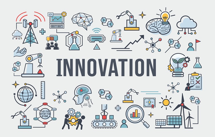 Innovation banner web icon for business, brain, research, creative, light bulb, Development and science technology. simple thin line infographic.
